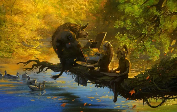 Picture autumn, lake, branch, elves, WoW, World of Warcraft, falling leaves, Tauren