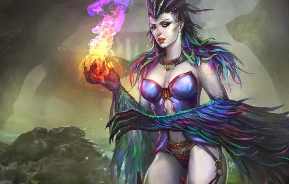 Girl, magic, feathers, art, claws, witch