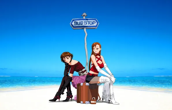 Sea, beach, girls, sign, art, waiting, stop, suitcases