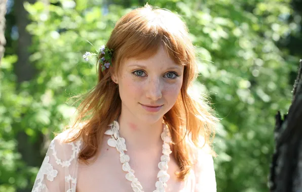 Girl, grass, long hair, trees, nature, smile, blue eyes, flowers