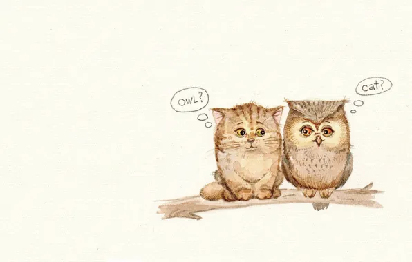 Mood, owl, meeting, cat, branch, art, children's, sovushka