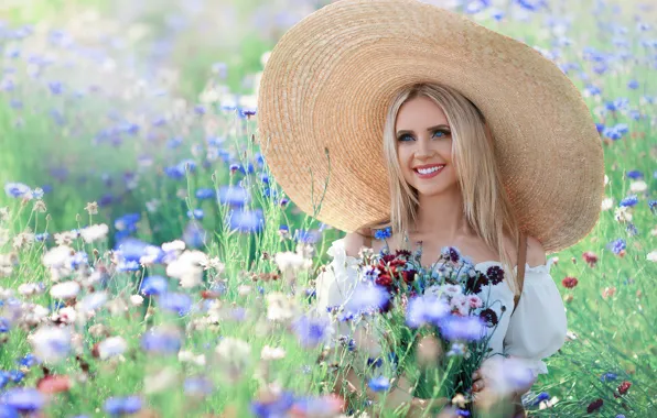 Field, summer, look, girl, flowers, face, smile, photo