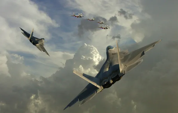 The sky, clouds, clouds, f-22, fighters, the MiG-29