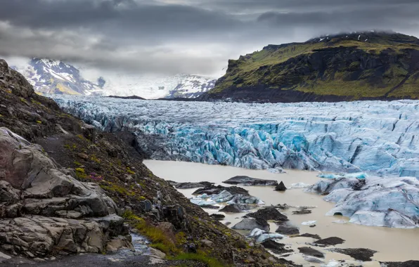 Ice, winter, the sky, water, clouds, snow, mountains, nature