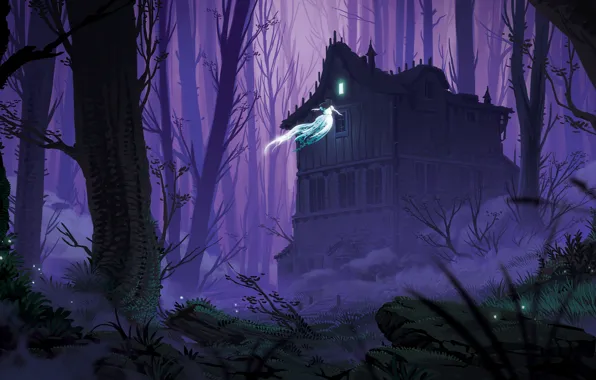 Girl, Night, Trees, Forest, House, Ghost, Illustration, Concept Art