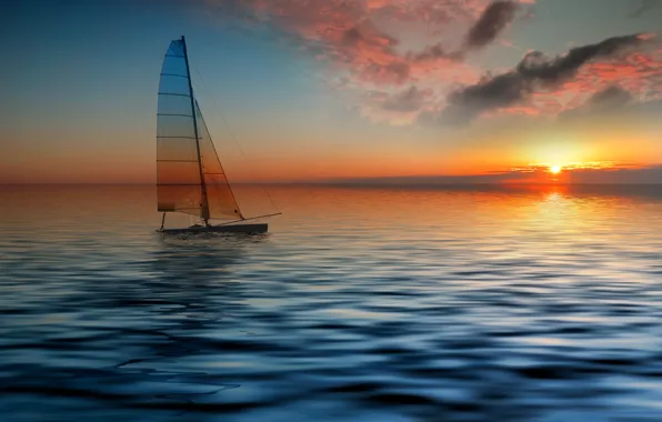 Sea, sunset, the evening, sail