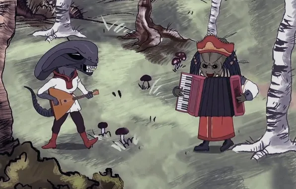 Forest, predator, stranger, the series, musical instruments, Cartoon, Caution earthlings