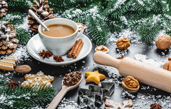 Branches, tree, cookies, Christmas, Cup, New year, nuts, cinnamon
