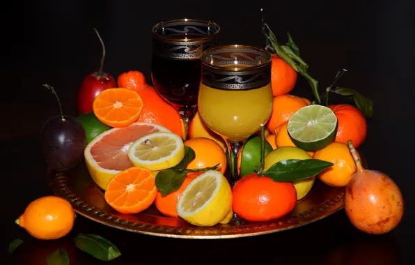 Leaves, glasses, juice, lime, fruit, black background, citrus, lemons