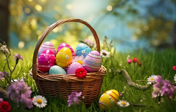 Flowers, basket, glade, eggs, spring, colorful, Easter, flowers