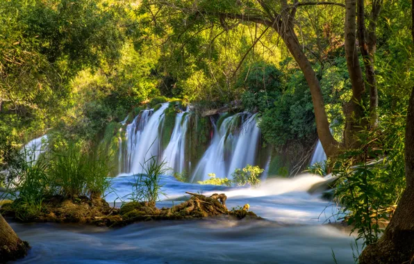 Greens, water, trees, river, waterfall, stream, Bosnia and Herzegovina, Kravice Falls