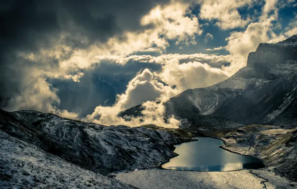 Winter, the sky, clouds, snow, mountains, nature, lake, Switzerland