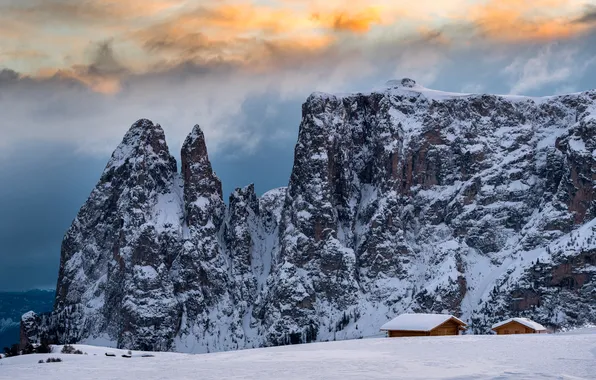 Winter, field, clouds, snow, mountains, rocks, the slopes, tops