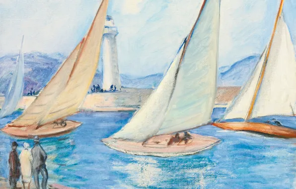 Sea, landscape, lighthouse, picture, yachts, sail, The start of the regatta in Saint-Tropez, Henri Lebacq