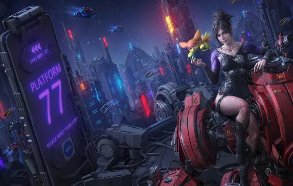 Girl, night, the city, fiction, robot, Fox, cyberpunk, Apocalypse