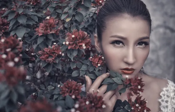 Picture look, branches, face, makeup, Asian, flowers, bougainvillea