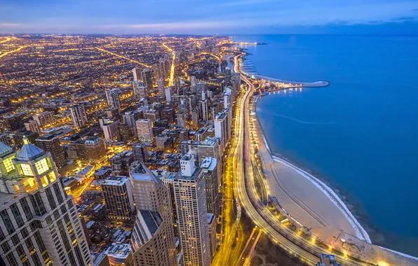Picture the city, lake, coast, building, home, skyscrapers, the evening, Chicago