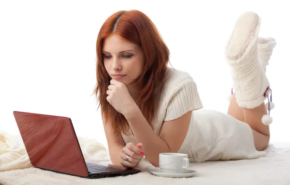 Picture girl, reverie, mug, laptop, red, boots