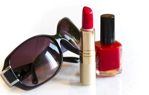 Red, lipstick, glasses, nail Polish