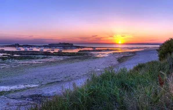 Picture beach, grass, the sun, sunset, lake, boat