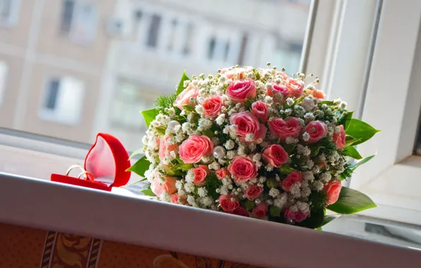 Picture roses, bouquet, ring, sill