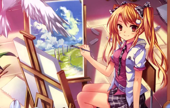 Smile, paper, wings, Girl, sitting, brush, easel