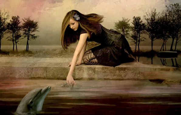 Girl, Dolphin, photoshop, texture, photoart