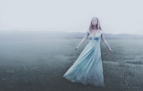 Field, girl, fog, dream, morning, dress