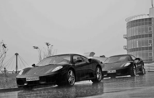 Rain, the building, Ferrari, Ferrari, f430, rain, black and white, F430
