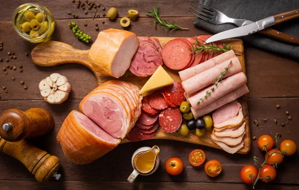Cheese, meat, tomatoes, olives, sauce, sausage, cuts, ham