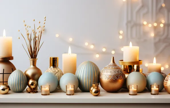 Balls, lights, table, fire, flame, candles, Christmas, New year