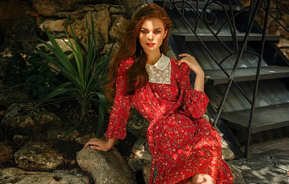 Stones, dress, ladder, stage, red, redhead