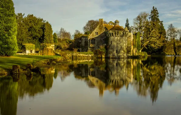 Water, trees, lake, reflection, castle, shore, England, Scotney Castle