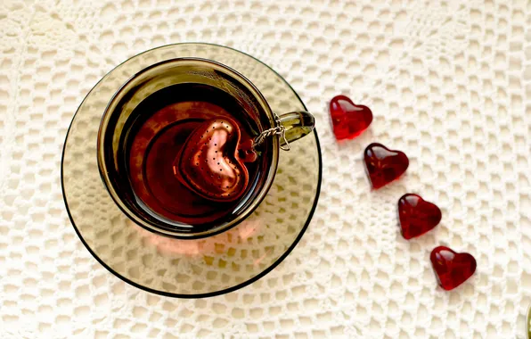 Tea, heart, Cup, hearts, drink, tablecloth, teapot