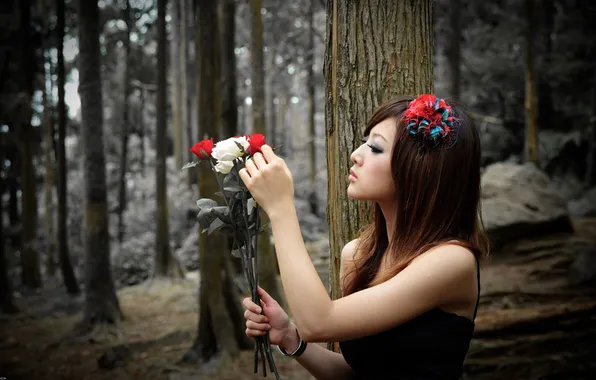 Flowers, Girl, Photo, Forest, Asian, Bouquet, Roses, Bunetta