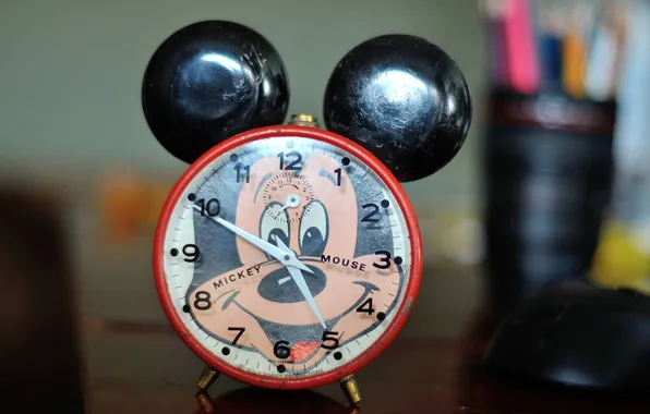 Table, watch, alarm clock, dial, Mickey mouse