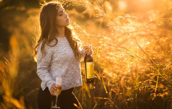 Grass, girl, pose, wine, bottle, long hair, glass, Christopher Rankin