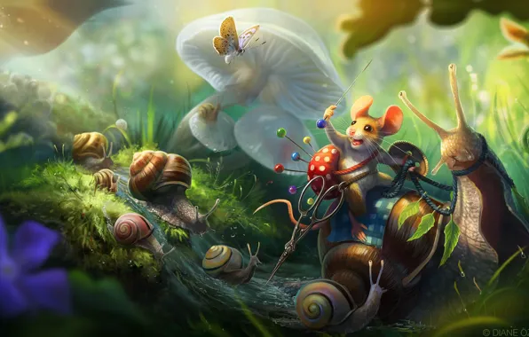 Picture stream, butterfly, mushrooms, snail, mouse, warrior, fantasy, art