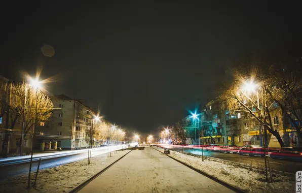 Picture car, snow, machine, night, city, the city, lights, Street