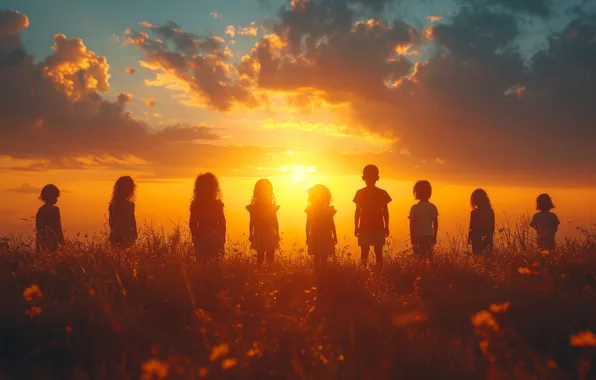 The sun, Clouds, Field, Children, Dawn, Girls, Digital art, Boys