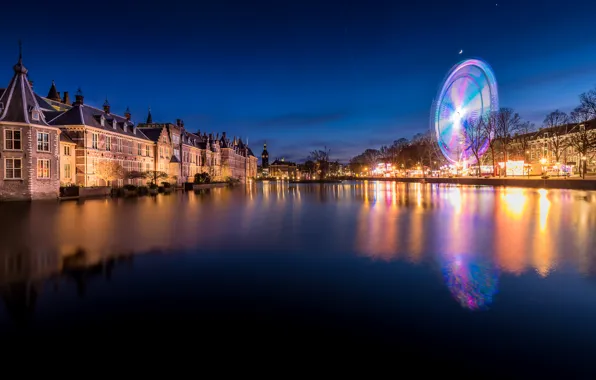 Trees, night, lights, river, home, lights, Netherlands, promenade