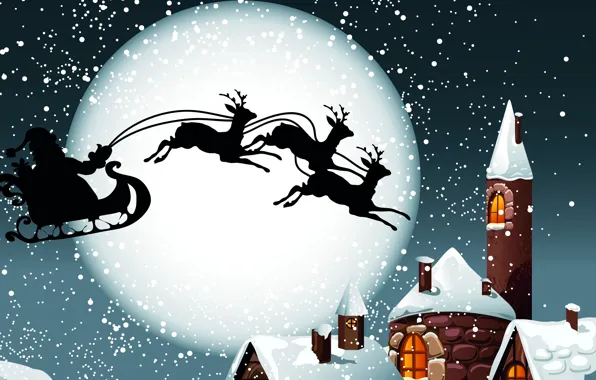 Snow, the moon, roof, gifts, sleigh, Santa Claus, deer, new year's eve