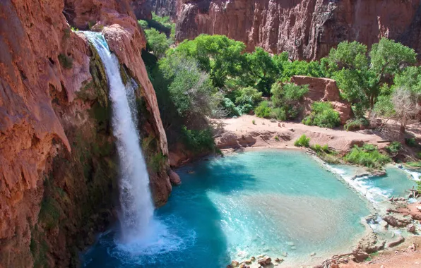 Lake, rocks, waterfall, AZ, light, Arizona, Havasu Falls, HAVASUPAI