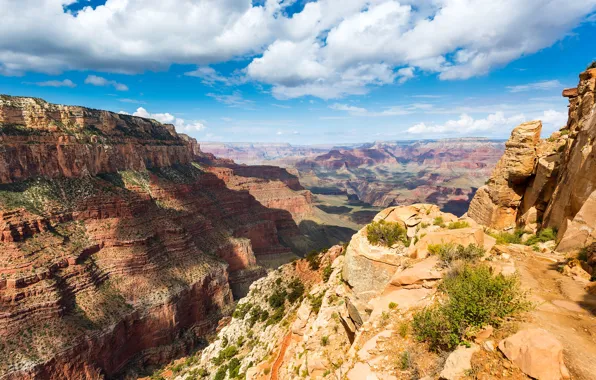 The sky, clouds, mountains, stones, rocks, canyon, gorge, USA