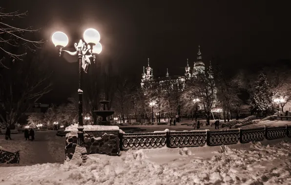 Winter, snow, trees, fence, lights, the snow, fountain, Ukraine