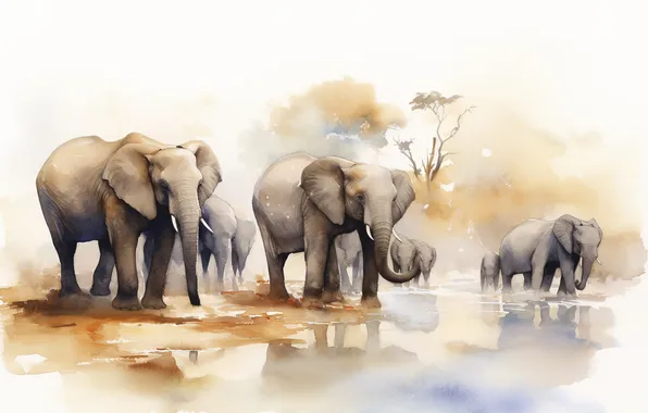 Look, trees, shore, elephant, watercolor, Savannah, white background, painting