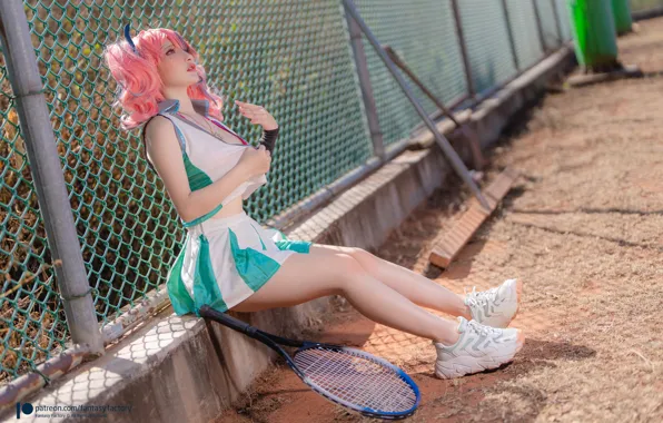 Picture cleavage, Asian, model, women, cosplay, sitting, video games, tennis court