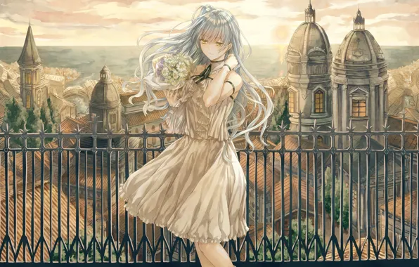 Picture girl, flowers, the city, anime, art, saijou yukina