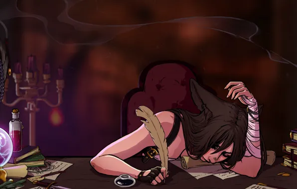 Table, pen, books, sleep, angel, candles, figurine, girl