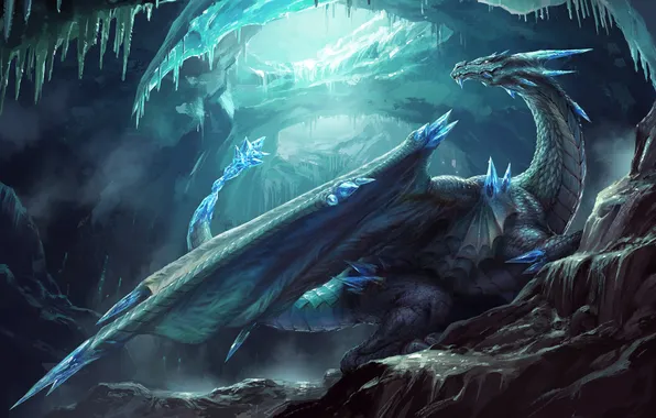 Picture cold, ice, winter, fiction, dragon, wings, art, horns